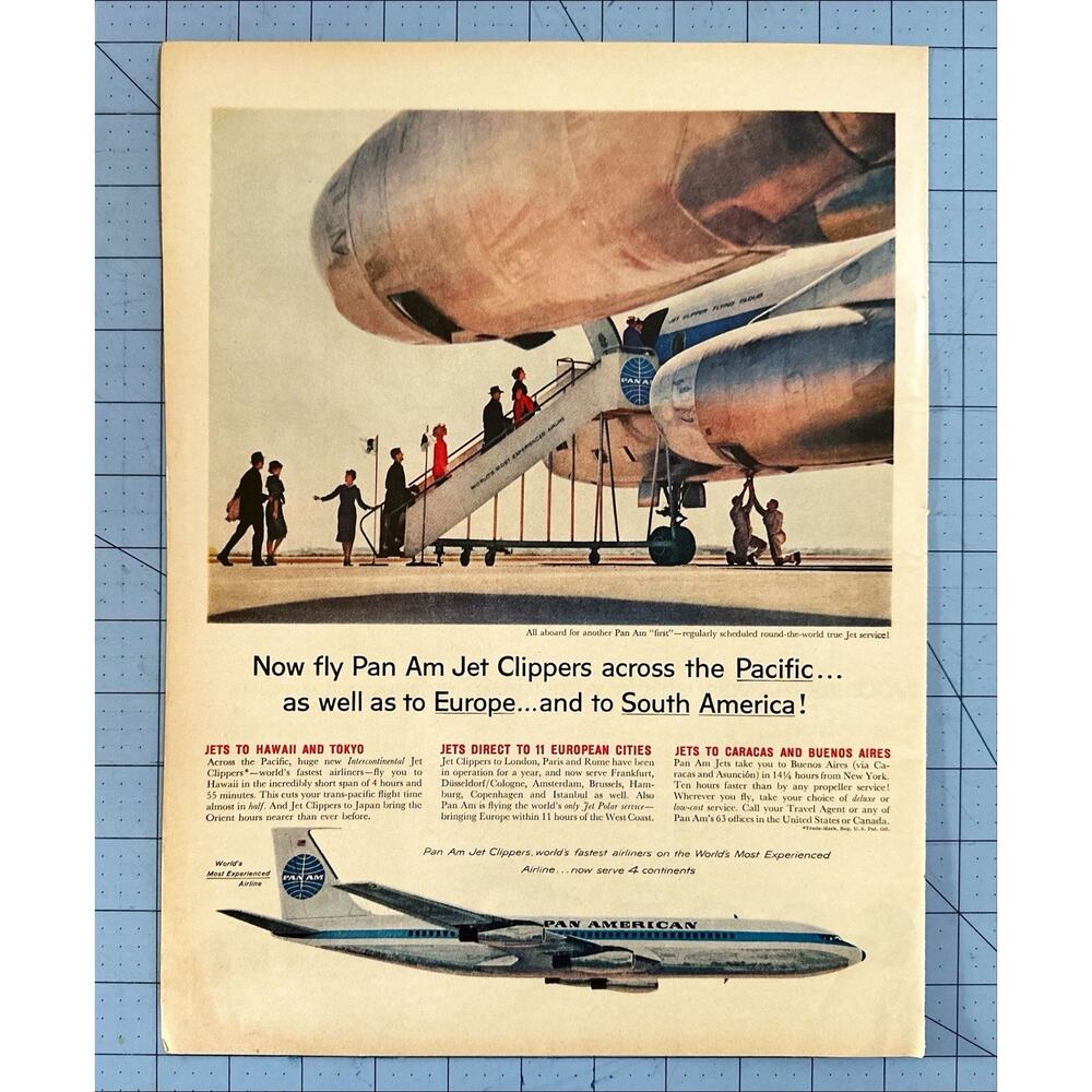 Original 1959 Vintage Print Ad: Round the world true Jet service #Pan American